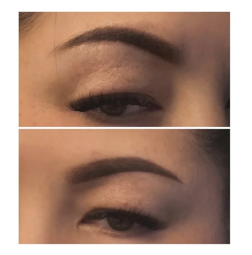 Before and after of a brow tattoo: sparse arches filled into a fuller, balanced shape