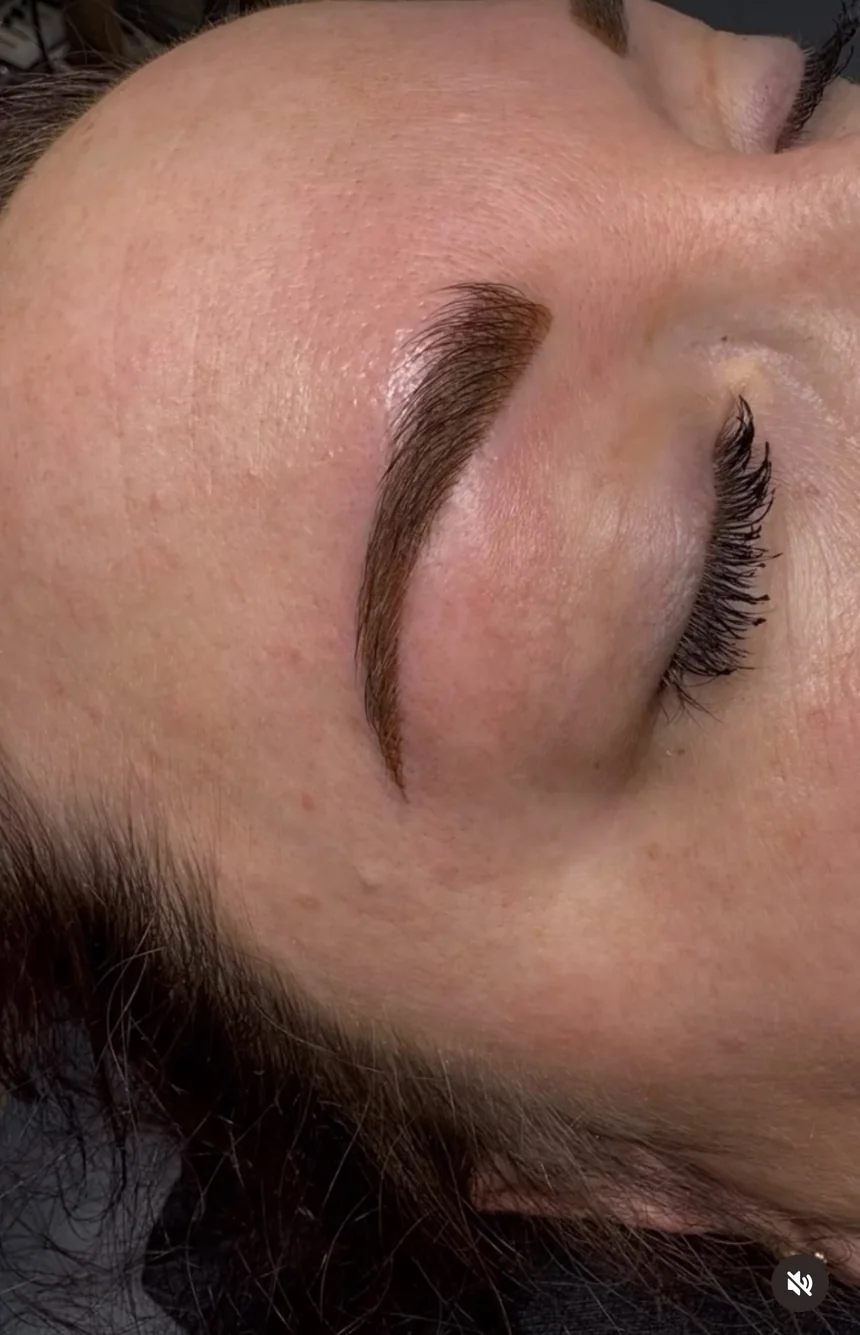 A healed brow tattoo with crisp, natural hair-like strokes, shown in profile