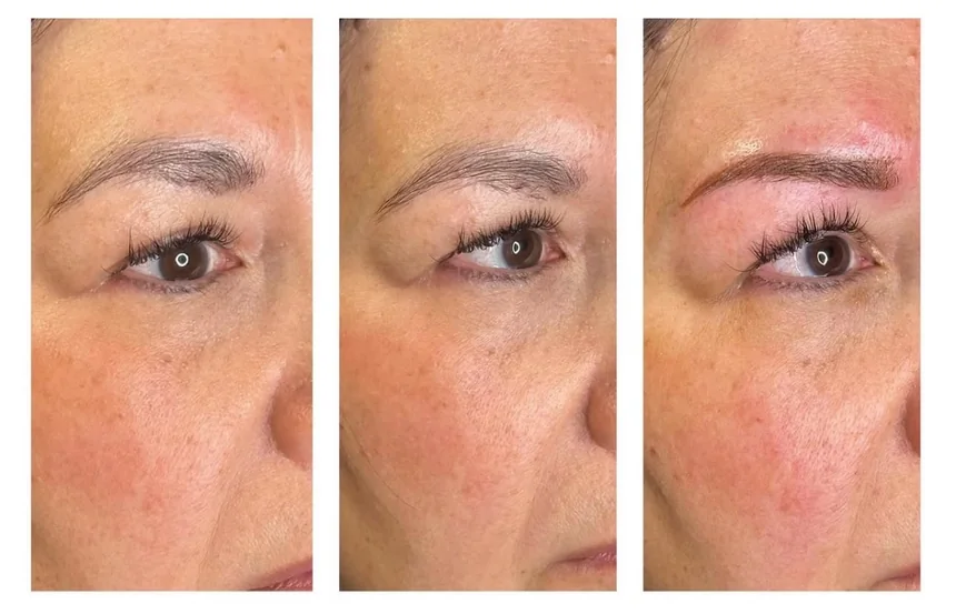 Brow tattoo shown from fresh to fully healed and settled
