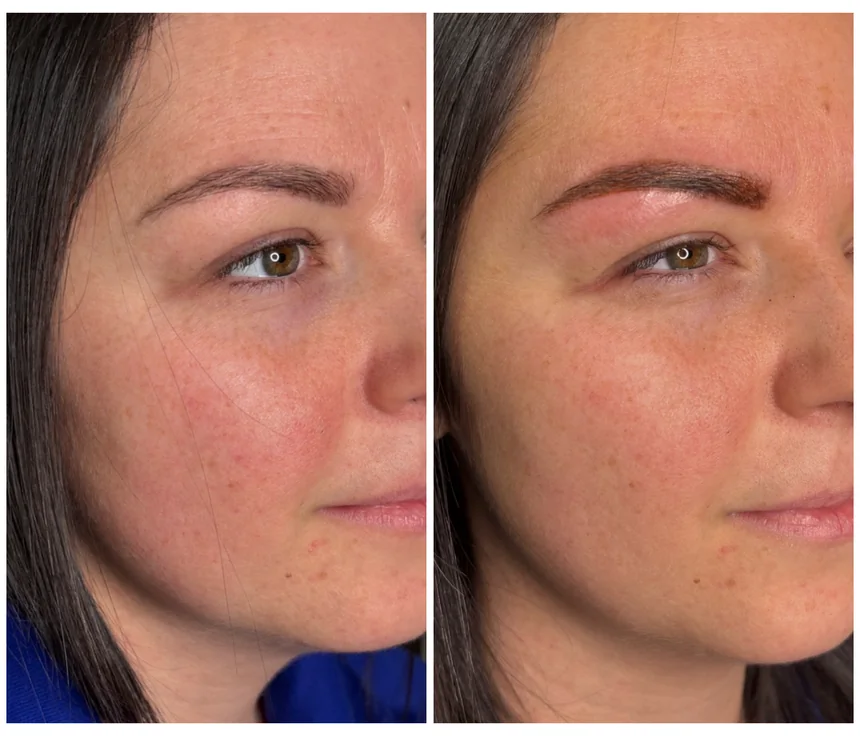 Before and after of a brow tattoo by Kreative Beauty: sparse brows shaped into soft, defined, natural brows