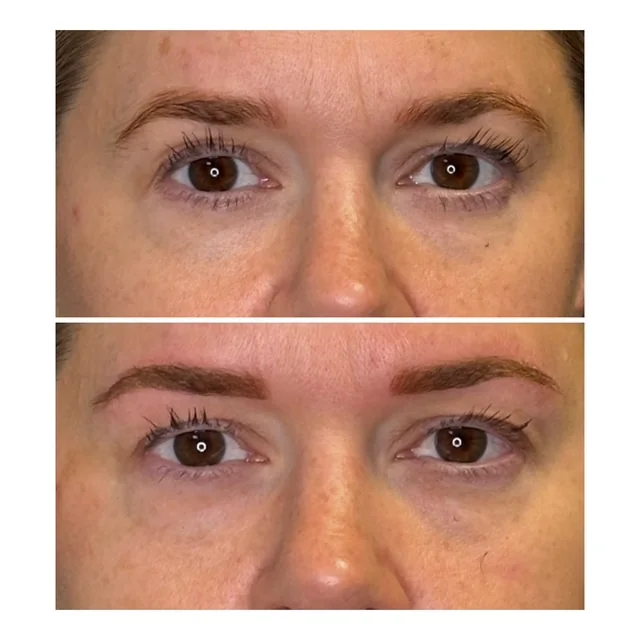 Before and after of a brow tattoo: faded brows reshaped into full, even, natural brows