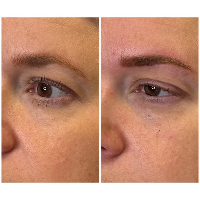 Before and after close-up of a natural brow tattoo by Kreative Beauty