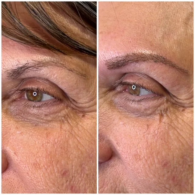Before and after of a brow tattoo with a soft, natural healed finish