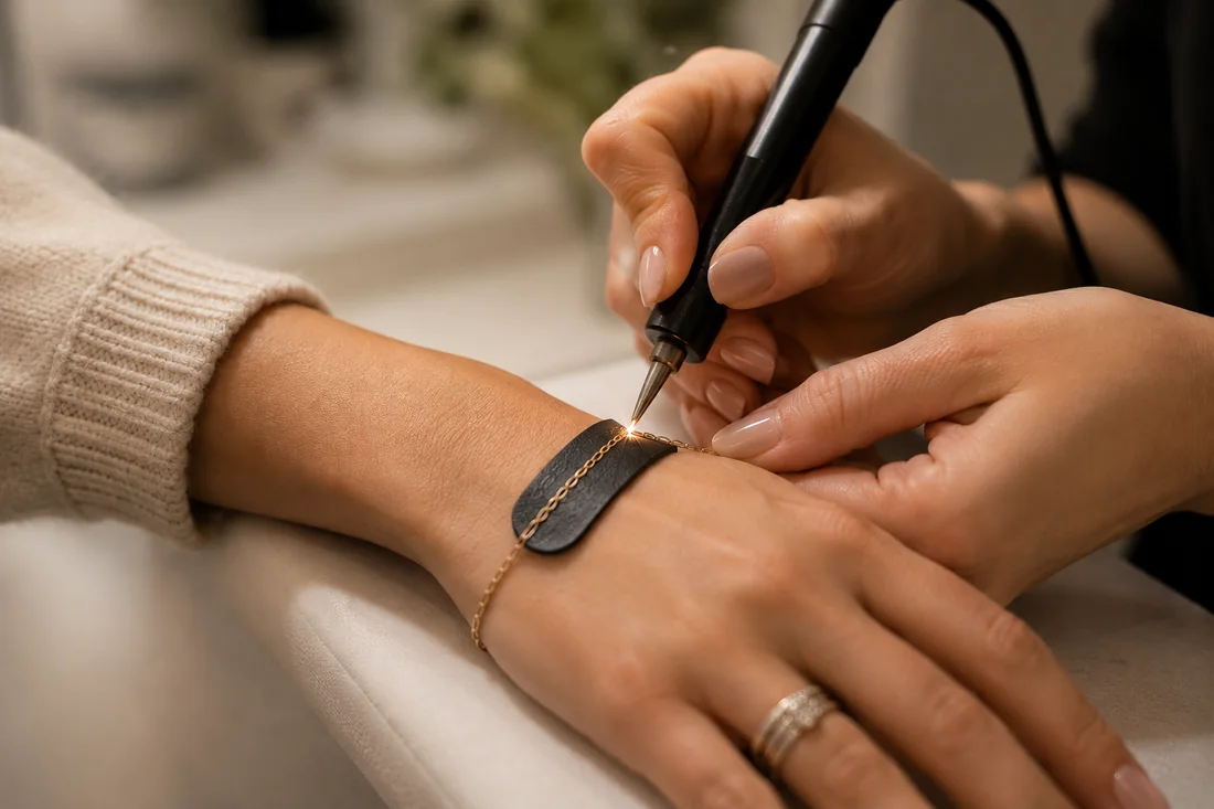 Shannon welding a permanent bracelet onto a client at Kreative Beauty